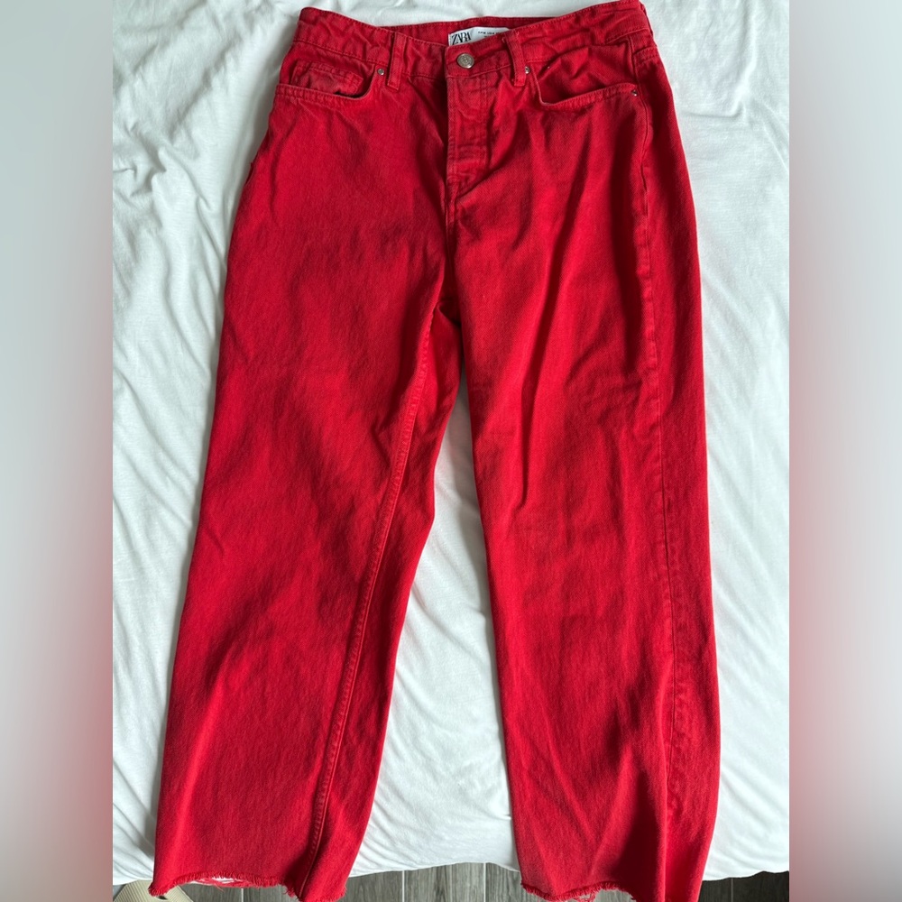 Zara Red Straight Leg, Mid-Rise Jeans